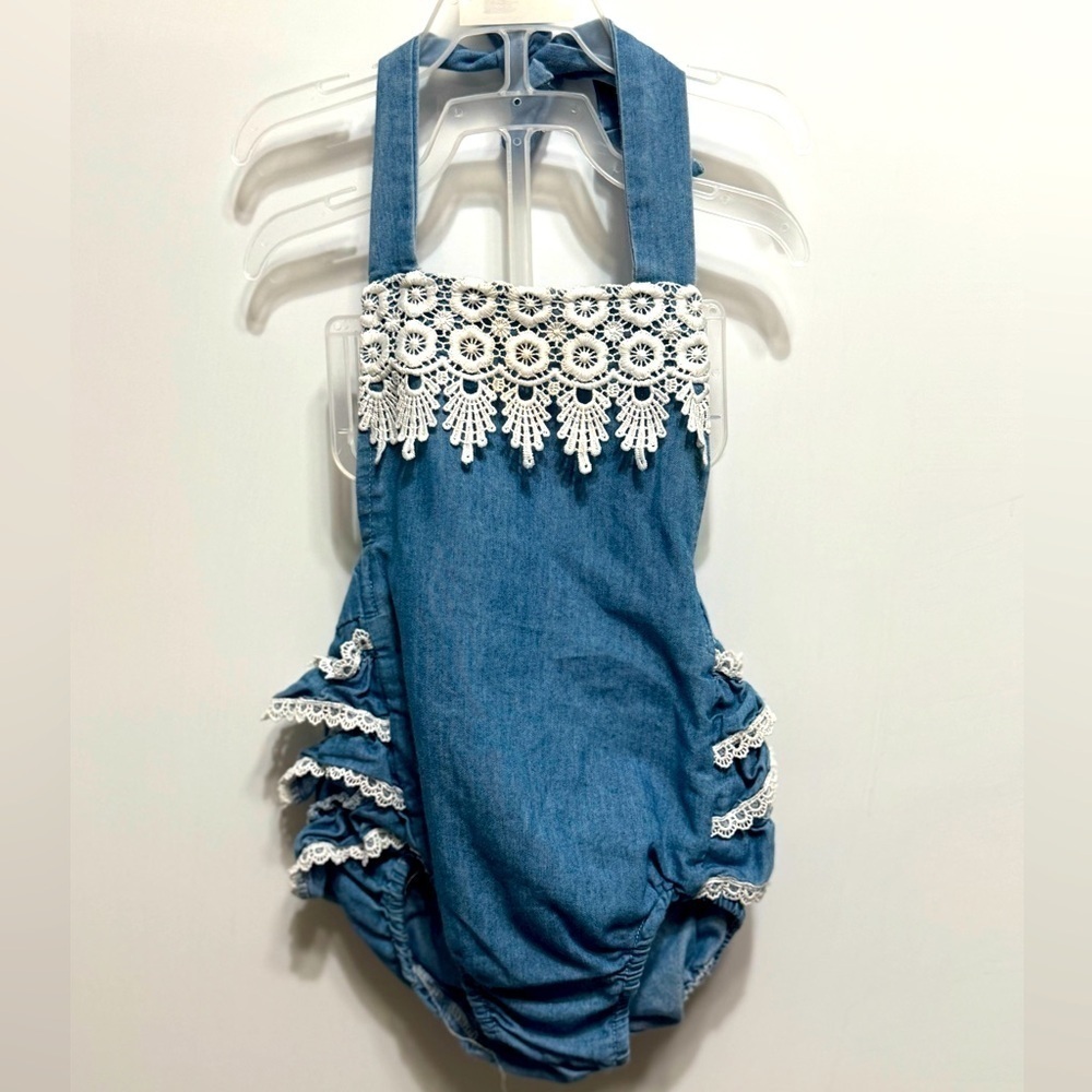 Blue Denim Ruffled Bubble Romper 18 months